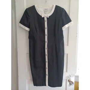Talbots vintage bow trim cotton dress Lpetite? black & white buttoned classic